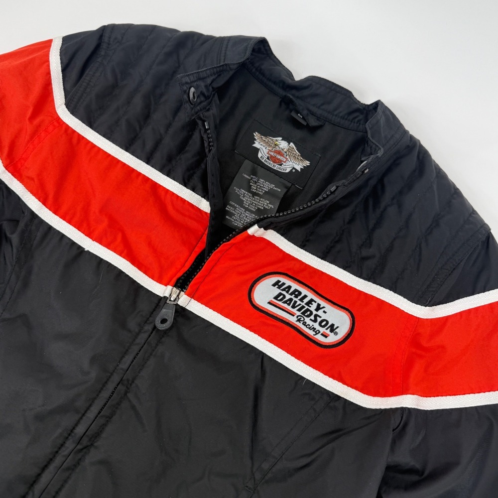 Harley-Davidson Racing Jacket Womens Medium Black Orange Nylon‎ Moto Bomber Zip